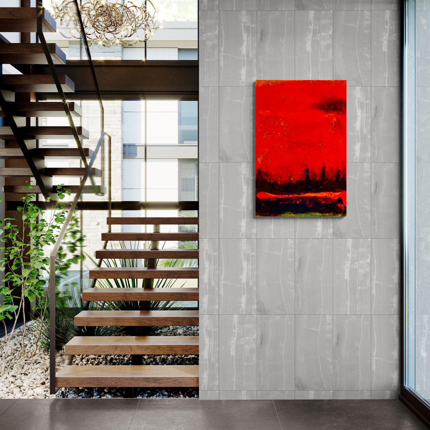 Jewels of the Sunset original painting by Sue Mac Dougall in rich gold, orange and red sunset tones glowing across the canvas insitu
