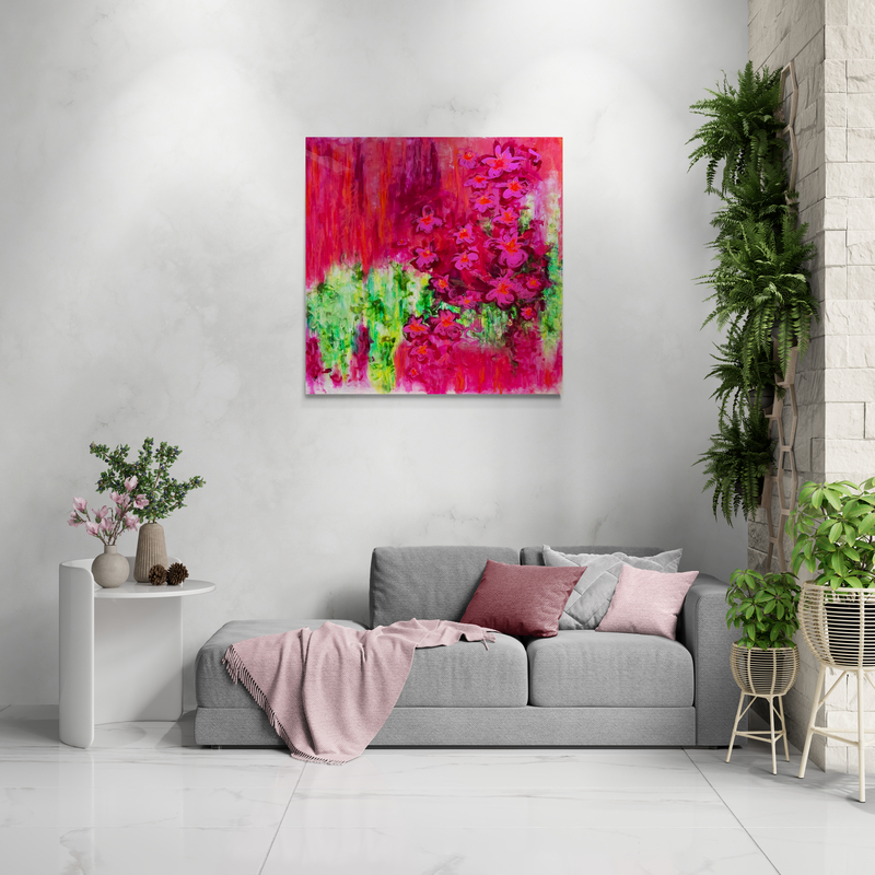 Abundance Flora II by New Zealand artist Sue Mac Dougall, original abstract floral painting shown in situ on wall