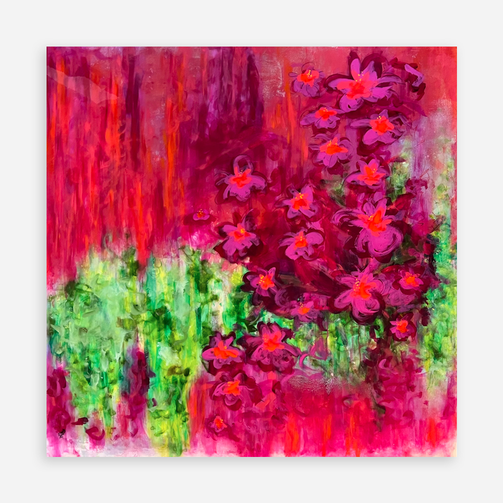 Abundance Flora II, original abstract floral painting by New Zealand artist Sue Mac Dougall, mixed media on canvas, 100cm x 100cm