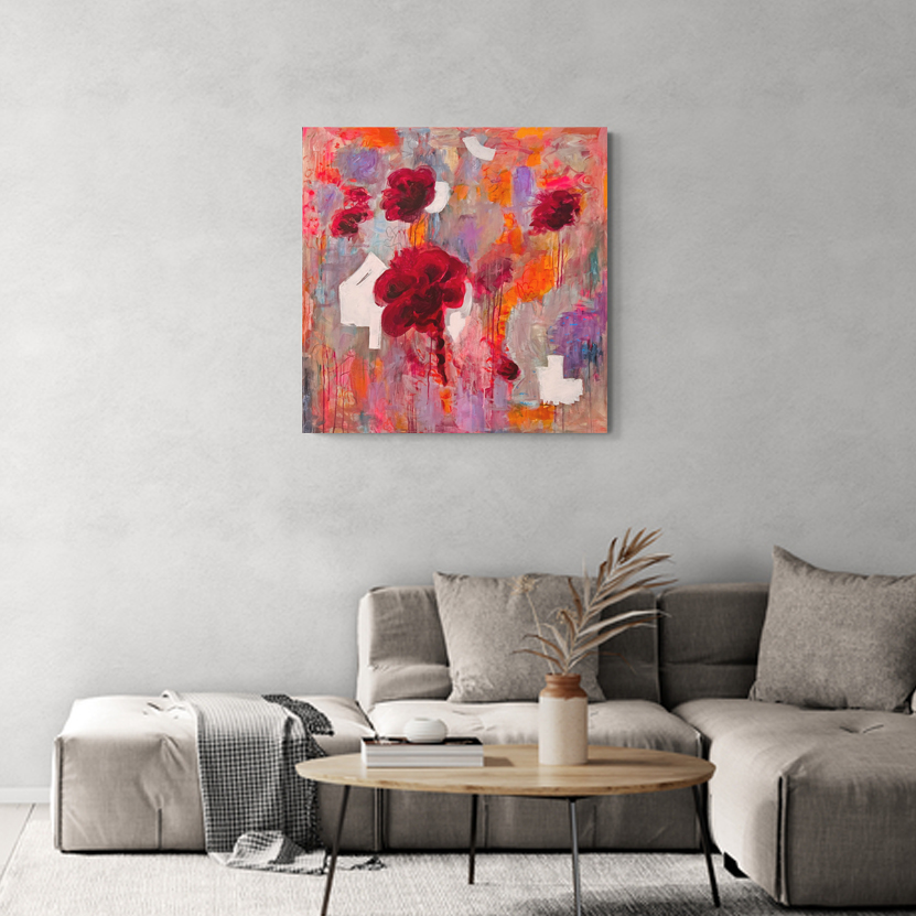 Flirtation of Full Colour, original abstract floral painting in mixed media by New Zealand artist Sue Mac Dougall, displayed in a modern interior setting.