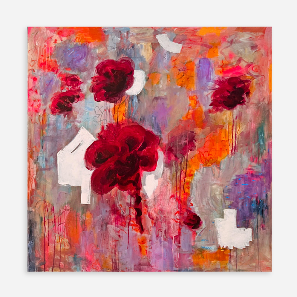 Flirtation of Full Colour, original abstract floral painting in mixed media on European birch ply by New Zealand artist Sue Mac Dougall, 90 × 90 cm.