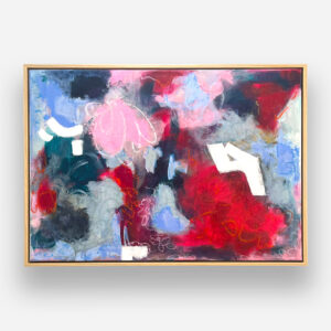 Joyfull II original abstract painting by Sue Mac Dougall in vibrant red, pink, blue and white with layered textures.