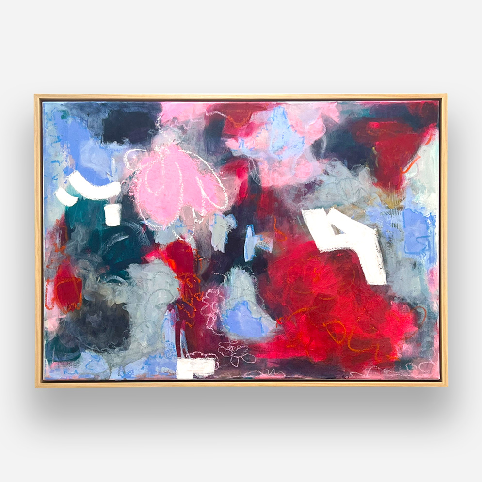 Joyfull II original abstract painting by Sue Mac Dougall in vibrant red, pink, blue and white with layered textures.