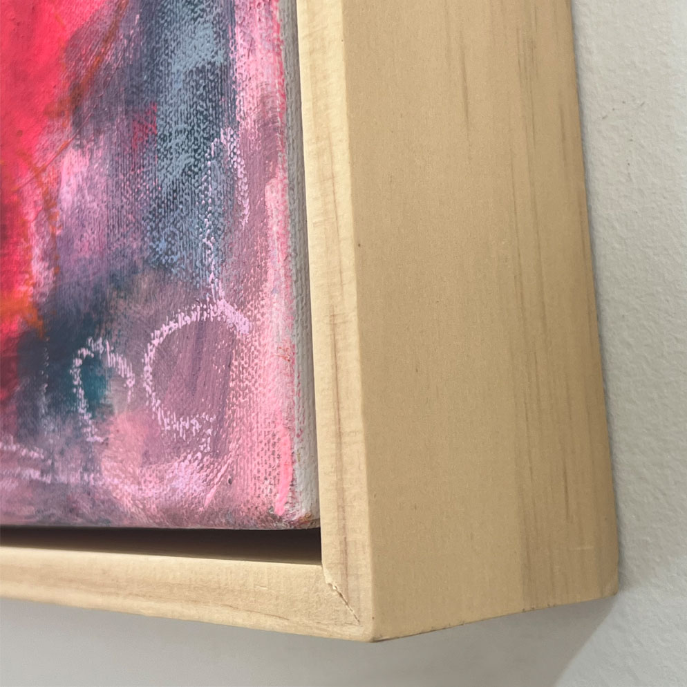 Frame detail of Joyfull II original abstract painting by Sue Mac Dougall with natural wood frame.