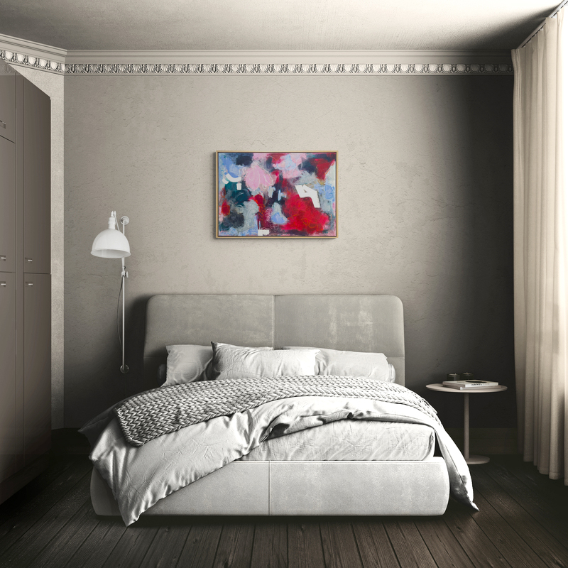Joyfull II original abstract painting by Sue Mac Dougall displayed above a bed in a modern bedroom.