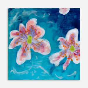 Vivid Melody I by Sue Mac Dougall original abstract floral painting in ocean blues with pink blossoms resin finish and gold mirrored edges