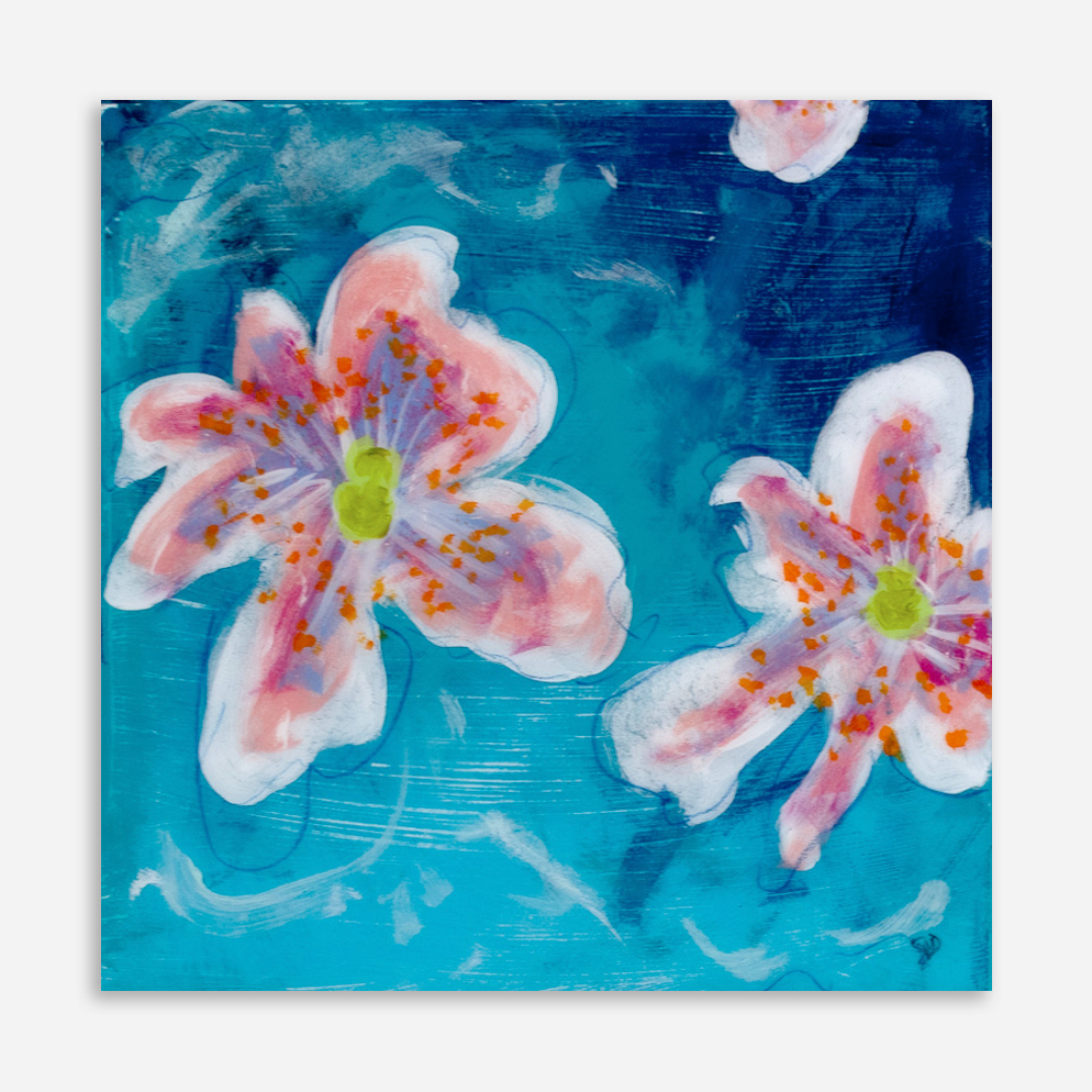 Vivid Melody I by Sue Mac Dougall original abstract floral painting in ocean blues with pink blossoms resin finish and gold mirrored edges