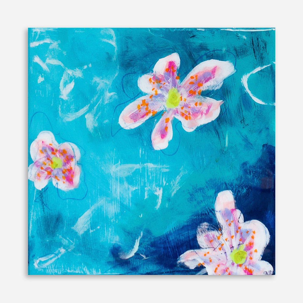 Vivid Melody II by Sue Mac Dougall original abstract floral painting turquoise and blue with pink flowers resin finish and gold mirrored edges