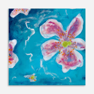 Vivid Melody III by Sue Mac Dougall original abstract floral painting deep blue and turquoise with pink blossoms resin finish and gold mirrored edges