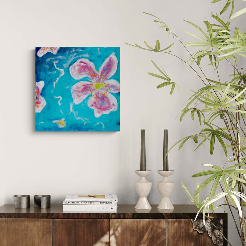 Vivid Melody III by Sue Mac Dougall shown in a modern interior abstract floral painting in ocean blues with resin finish and gold mirrored edges