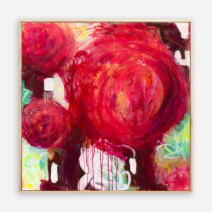Blooming Rhapsody large original abstract painting by Sue Mac Dougall in vibrant reds with lush green undertones.