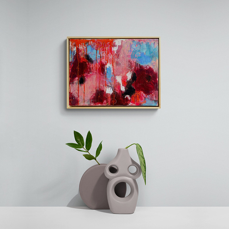 Bold and Funky original abstract painting by Sue Mac Dougall in hot pinks, vivid oranges and mint blue - insitu