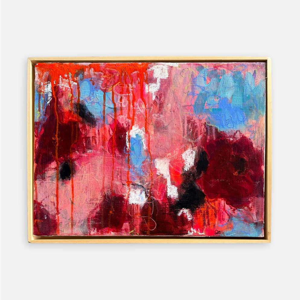 Bold and Funky original abstract painting by Sue Mac Dougall in hot pinks, vivid oranges and mint blue.