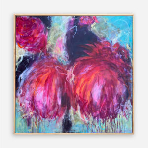 Burst of Blossoms original abstract painting by Sue Mac Dougall with vibrant pinks, magentas, rich reds and cooling teal tones.