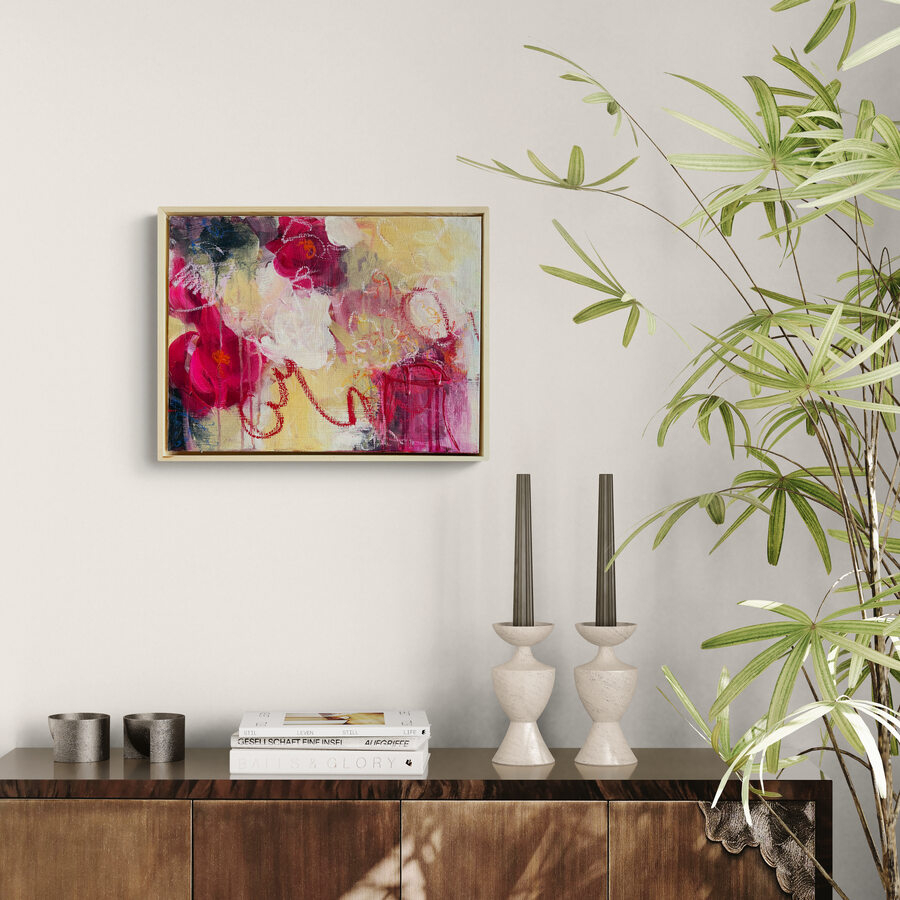 Dusky Delight original abstract painting by Sue Mac Dougall in soft cream tones with warm dusk light and pops of hot pink - insitu.