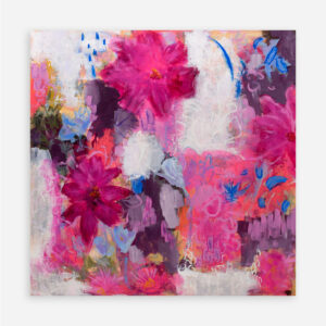 Magical Golden Hour original abstract painting by Sue Mac Dougall with glowing red blooms on soft white and neutral tones.