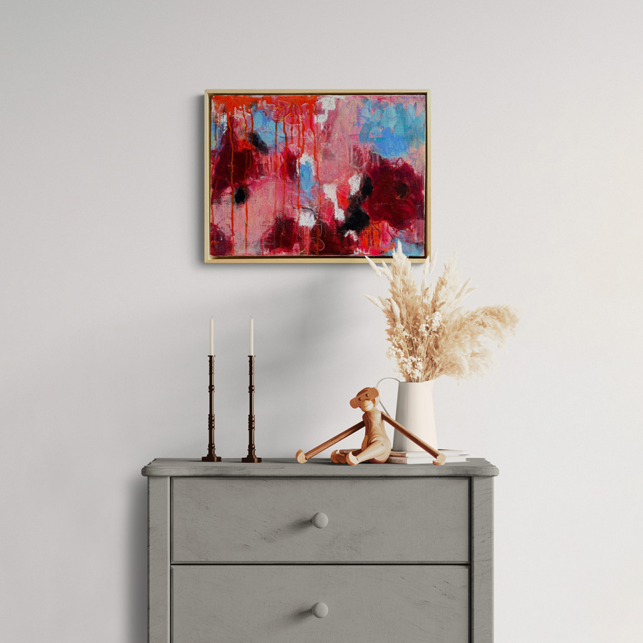 Mellow Glow original abstract painting by Sue Mac Dougall in vibrant pinks, magentas and deep purples softening into a moody cream backdrop - insitu