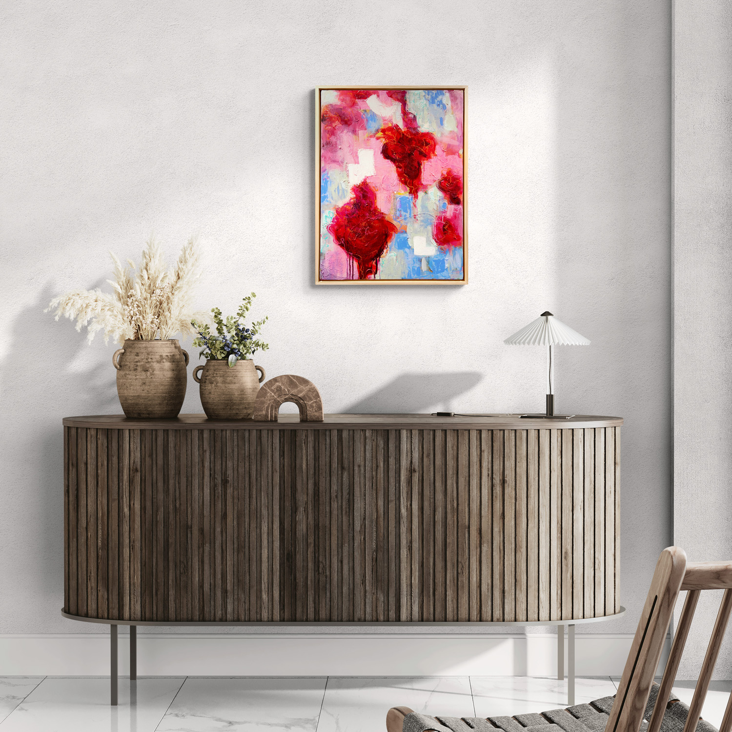 Morning Dew Symphony original abstract painting by Sue Mac Dougall with soft pinks, warm reds and gentle mint tones inspired by early morning light insitu.