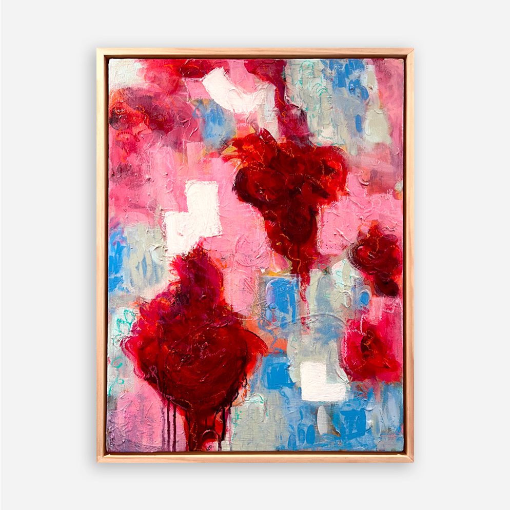 Morning Dew Symphony original abstract painting by Sue Mac Dougall with soft pinks, warm reds and gentle mint tones inspired by early morning light.