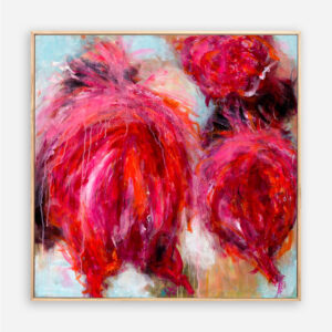 Pinks Gotta A Point original abstract painting by Sue Mac Dougall with vibrant pink and red floral tones against a light-filled backdrop.