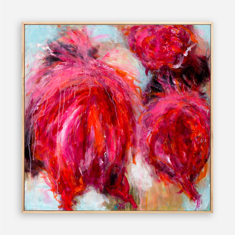 Pinks Gotta A Point original abstract painting by Sue Mac Dougall with vibrant pink and red floral tones against a light-filled backdrop.