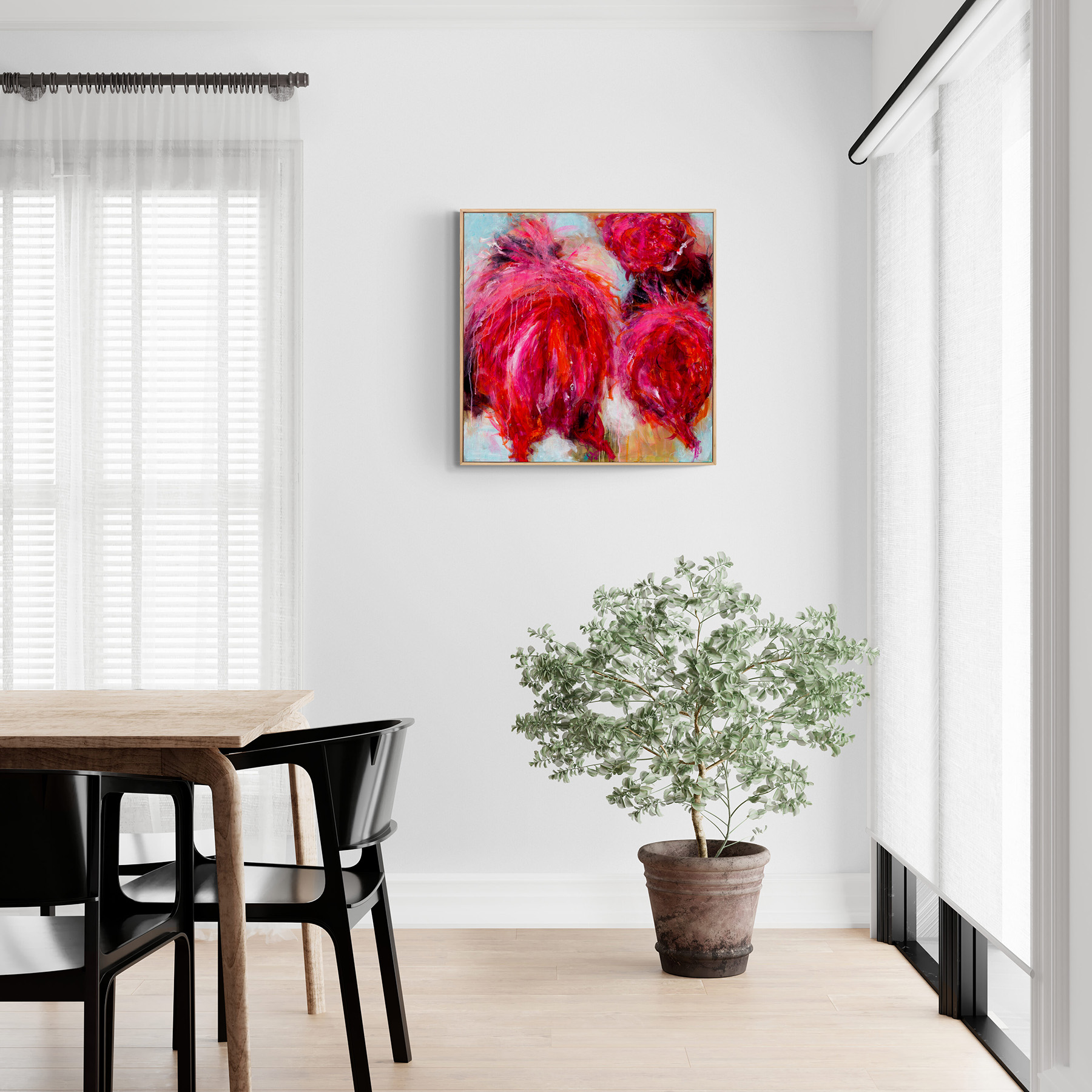 Pinks Gotta A Point original abstract painting by Sue Mac Dougall with vibrant pink and red floral tones against a light-filled backdrop insitu.