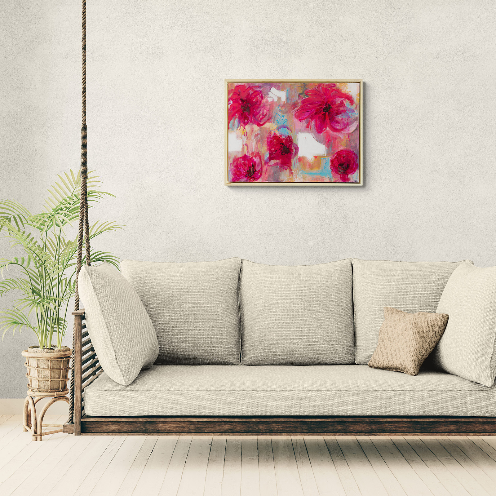 Funky Flora original abstract painting by Sue Mac Dougall with vibrant floral forms, expressive colour and white symbolic details insitu.