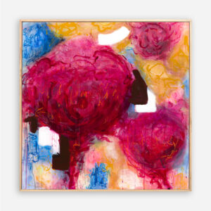 The Sassy Splash original abstract painting by Sue Mac Dougall with bold floral forms, vibrant petals and a bright orange centre.