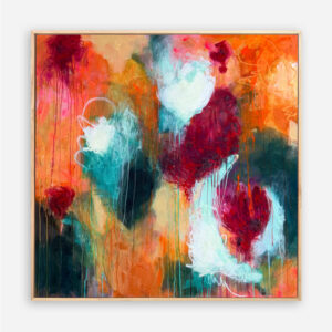 Three Bursts of Becoming original abstract flora painting with warm oranges, magenta reds and hot pinks balanced by teal blues and greens and three soft white floral forms.